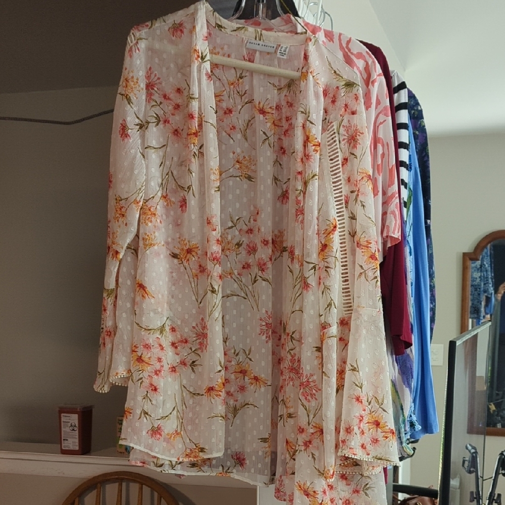 Susan Graver Floral Sheer Top - Cream and Pink